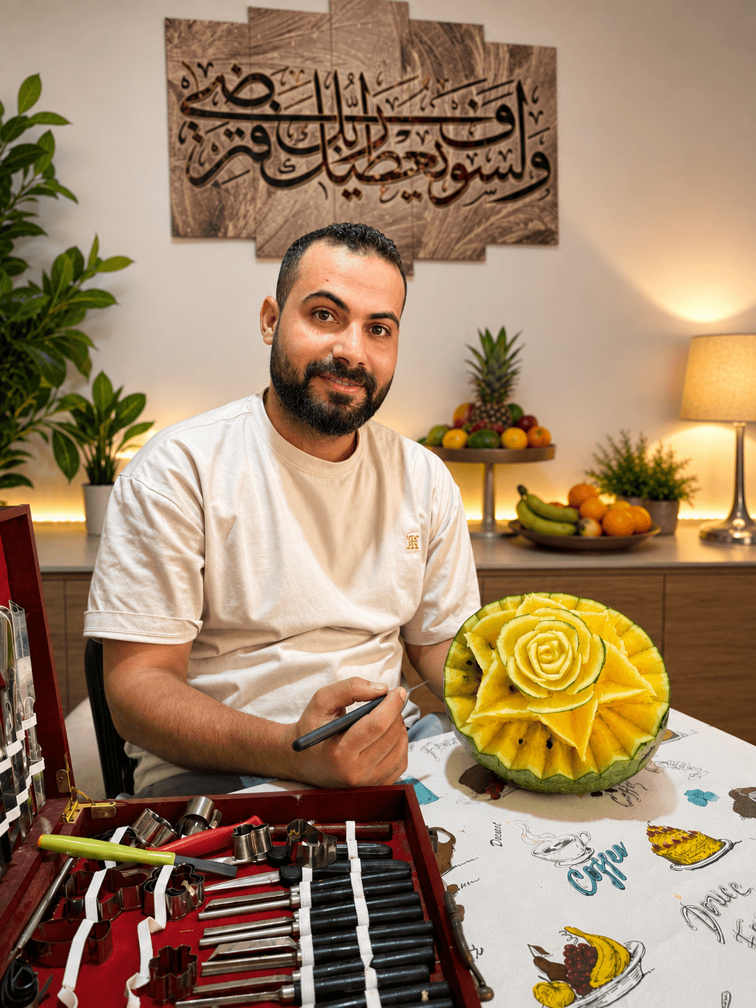 تنسيقة فاكهة مُغلَّفة بعناية بإضاءة طبيعية دافئة