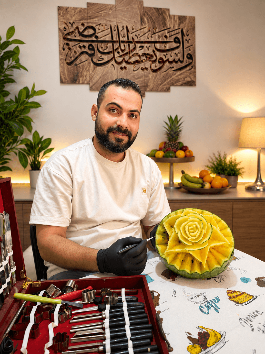 تنسيقة فاكهة مُغلَّفة بعناية بإضاءة طبيعية دافئة